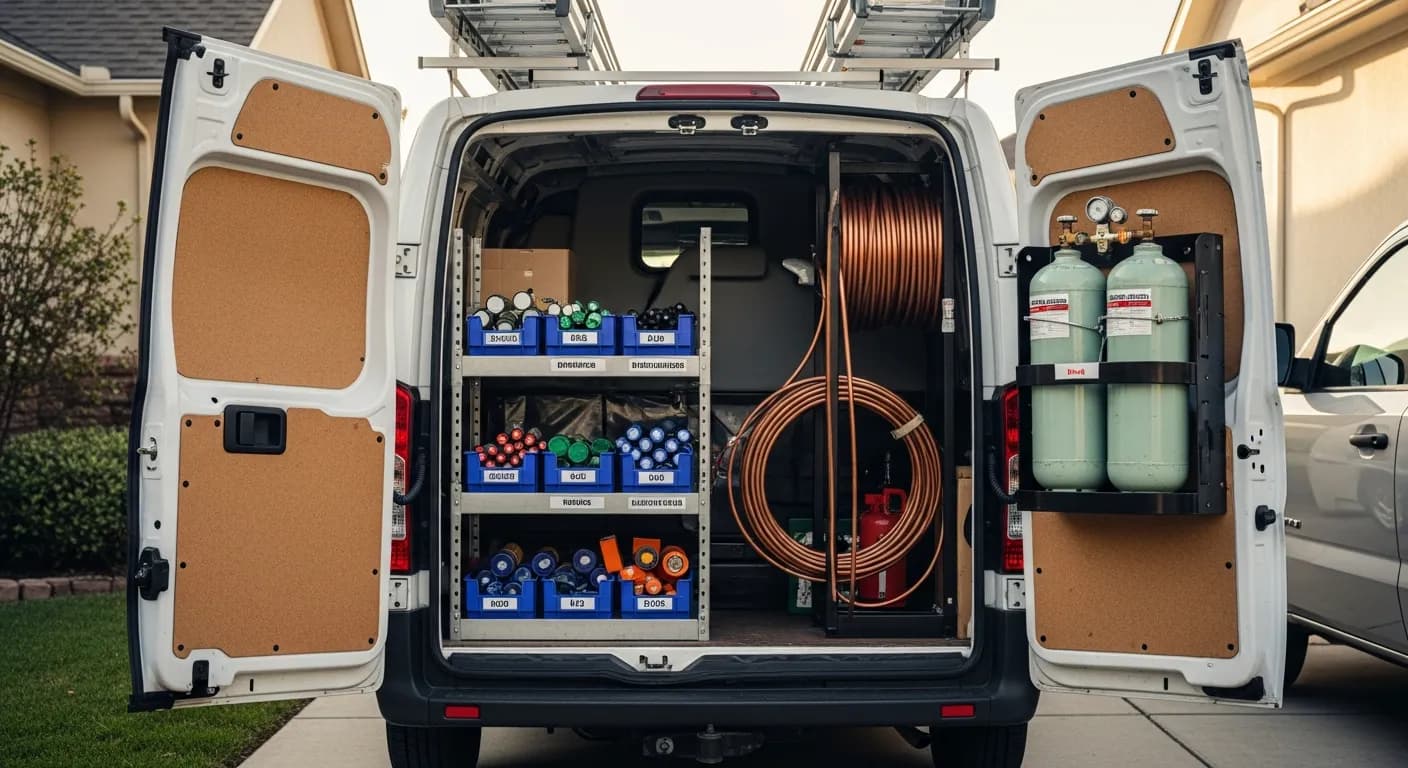 Open rear doors of an HVAC service van showing labeled bins of capacitors and contactors, a coiled copper line set, and secured refrigerant cylinders