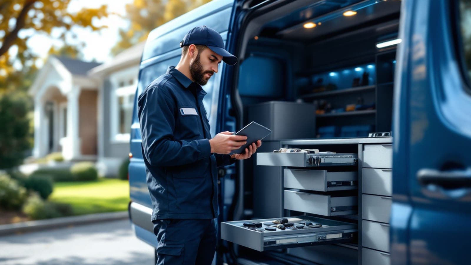 Mobile locksmith using a tablet to invoice a customer at the side of a service van, with organized key-blank inventory drawers visible