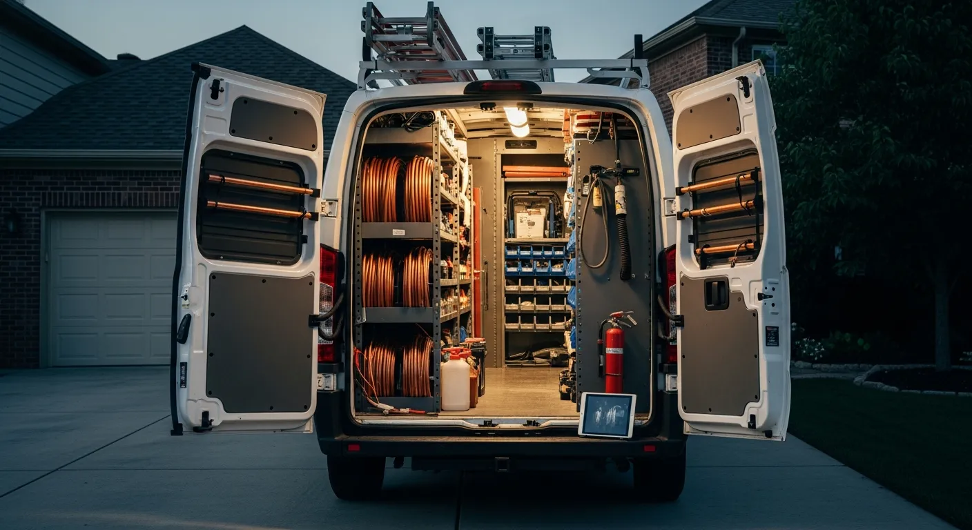 HVAC service van backed into a residential driveway at dusk, rear doors open showing stacked copper line sets, a parts bin wall, and a tablet on the bumper