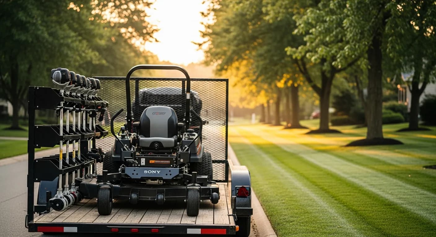 Landscaping trailer with mower and trimmers parked beside a freshly cut lawn