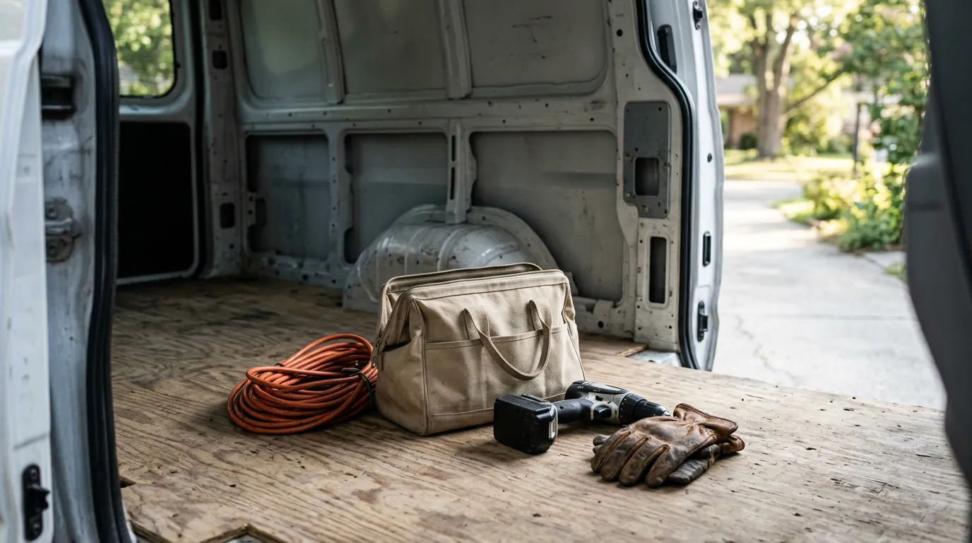 Editorial photograph of a canvas tool bag, extension cord, cordless drill and work gloves on the floor of an empty service van, seen from the open side door