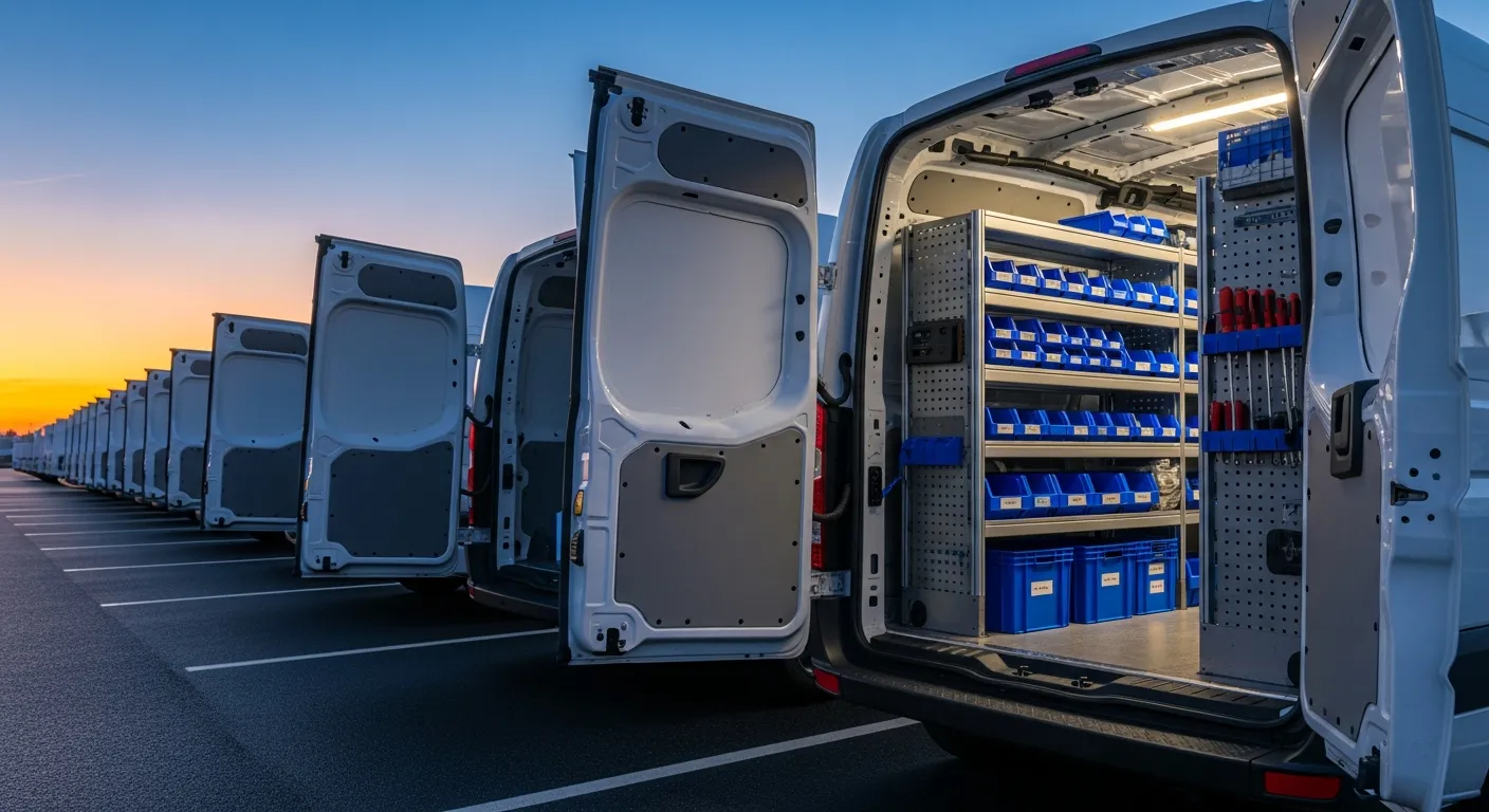 Fleet of service vans at dawn with organized labeled parts shelving visible in the nearest van