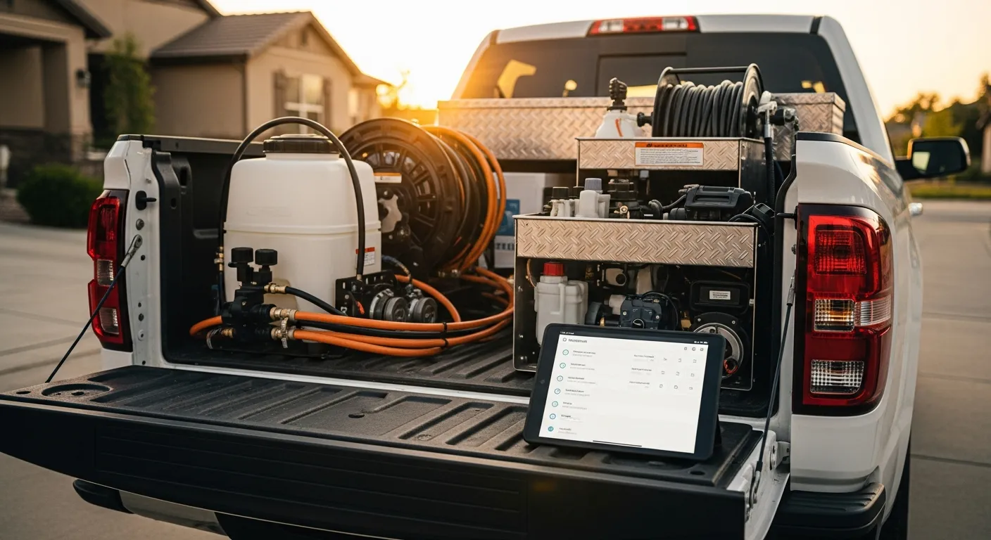 Pest control service truck with organized treatment equipment and a tablet showing a digital service checklist