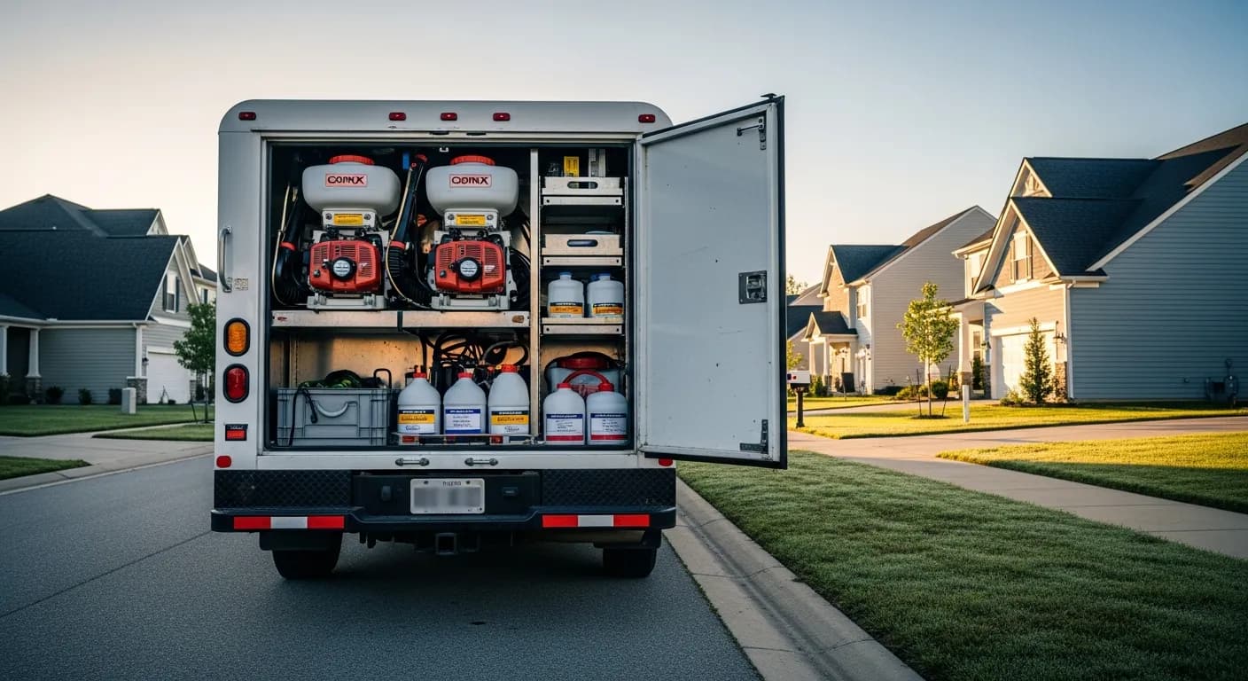White pest control service truck parked on a suburban street in early morning light, backpack sprayers and labeled chemical containers in the open truck bed