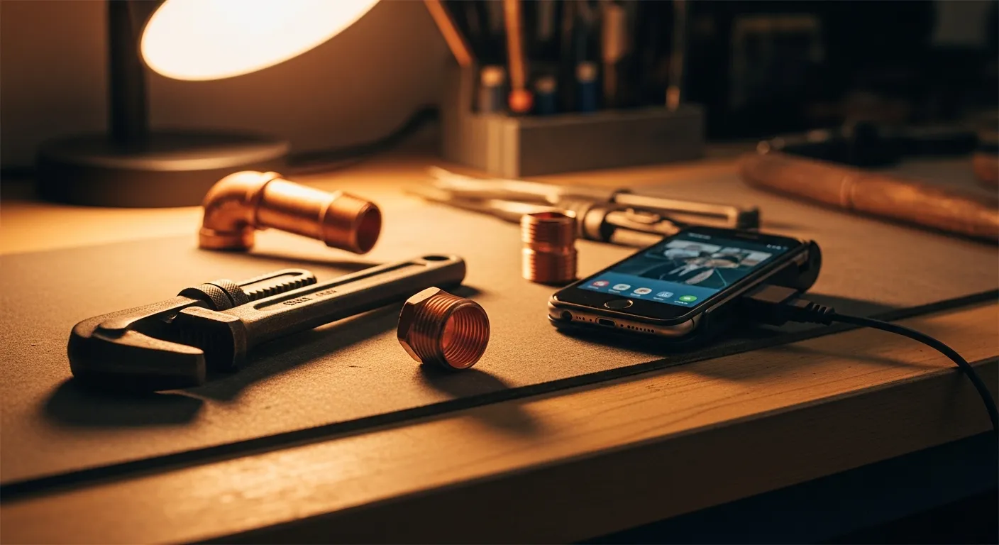 Copper fittings and pipe wrench beside a smartphone card reader for on-site payment
