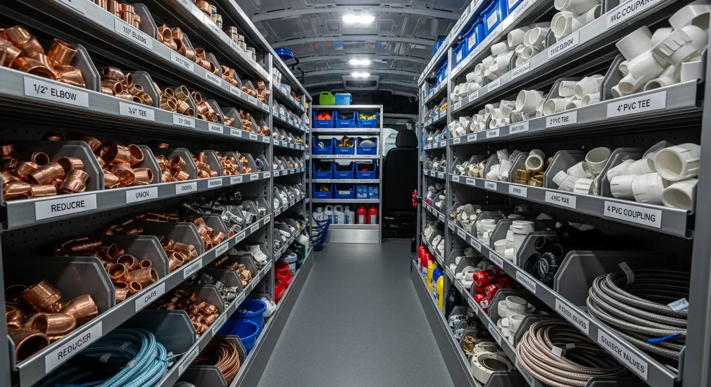 Plumbing van interior with labeled bins of copper and PVC fittings