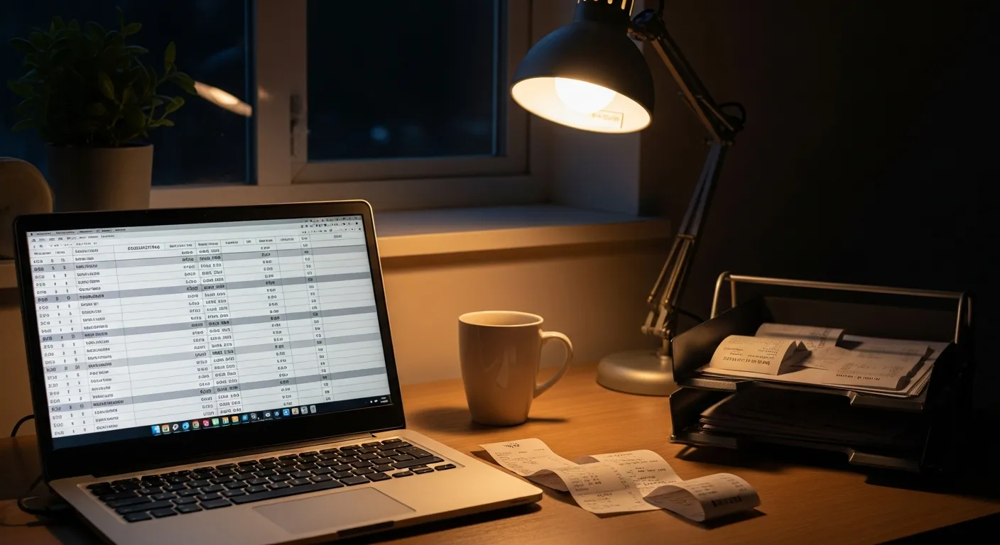 Home-office desk at night with a laptop showing accounting records and a tray of receipts