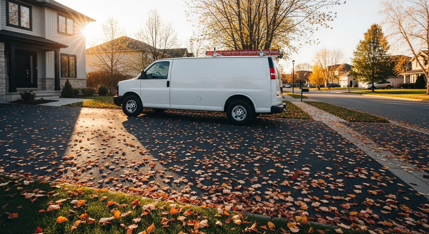 Service van parked at a suburban home in autumn, symbolizing the seasonal slowdown