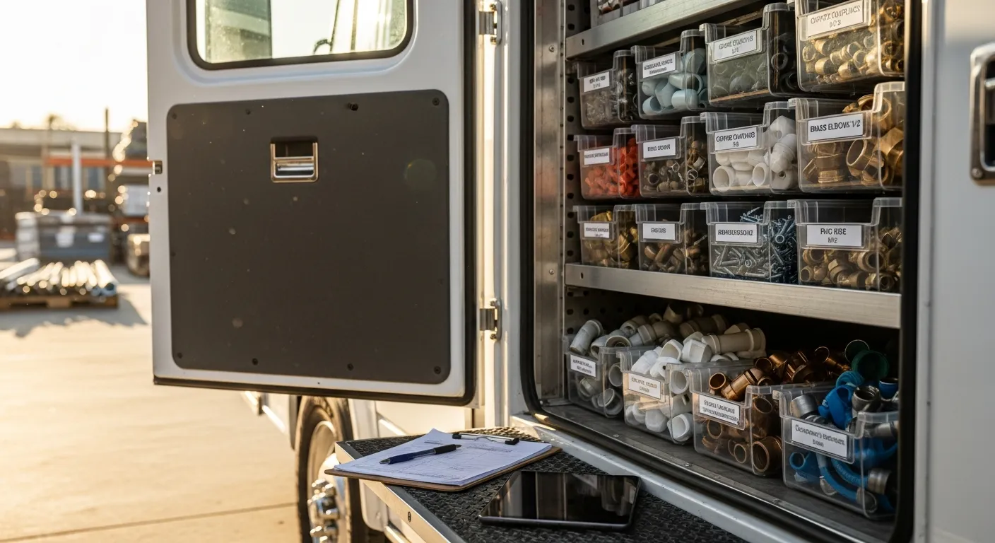 Plumbing service truck at a supply yard with side doors open showing labeled fitting bins, a clipboard and tablet on the fold-down step