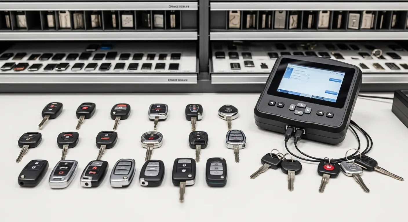 Transponder keys and fobs beside a key programming device on a locksmith workbench