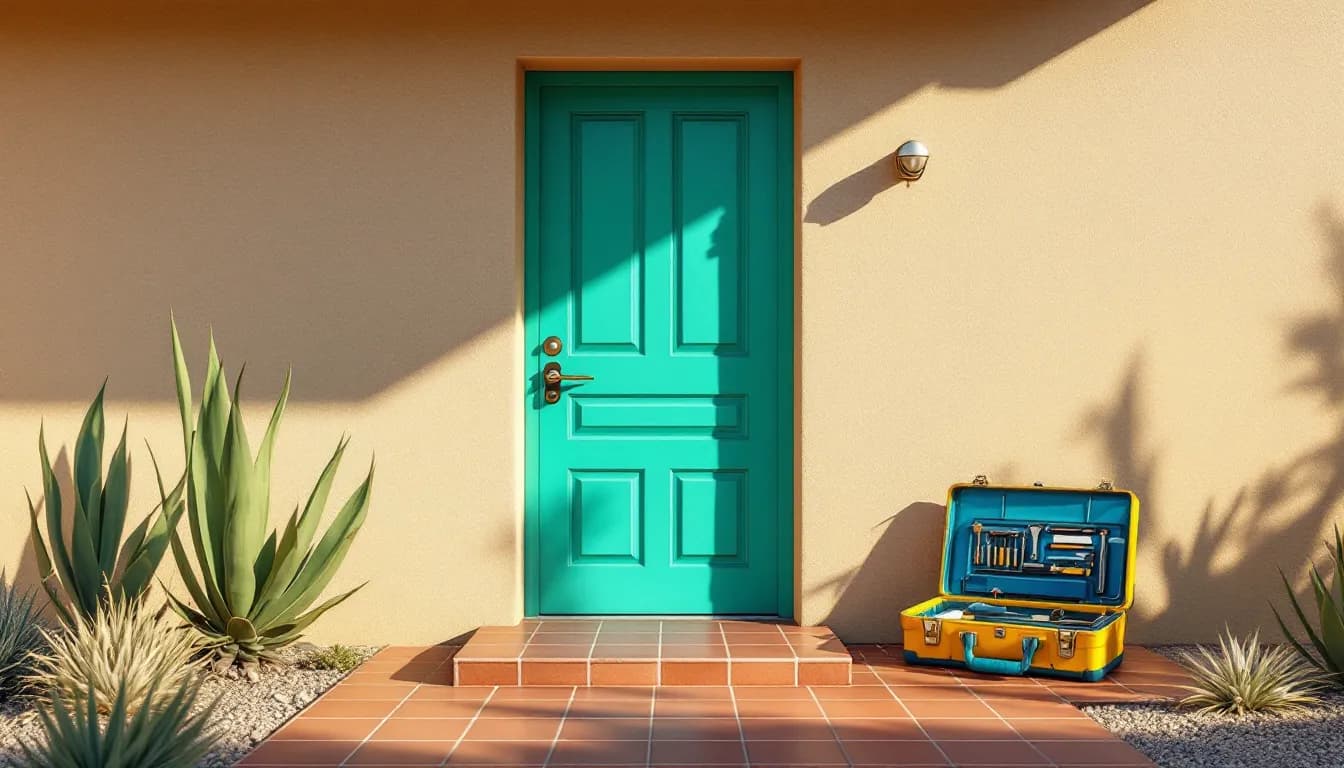 A turquoise door in a stucco wall with a new lever lock and an open toolbox on the step