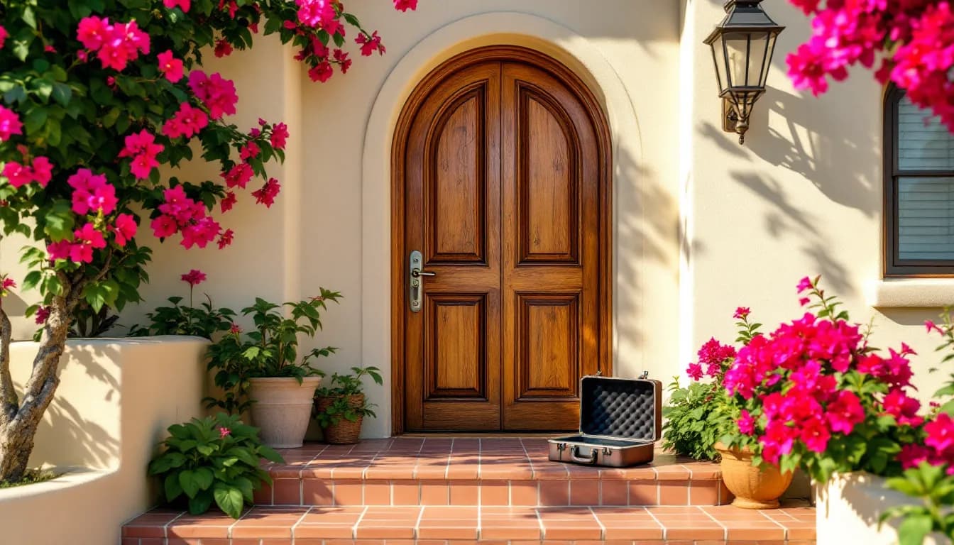 An arched wooden door with a wrought-iron lever lock and an open service case on a red tile step