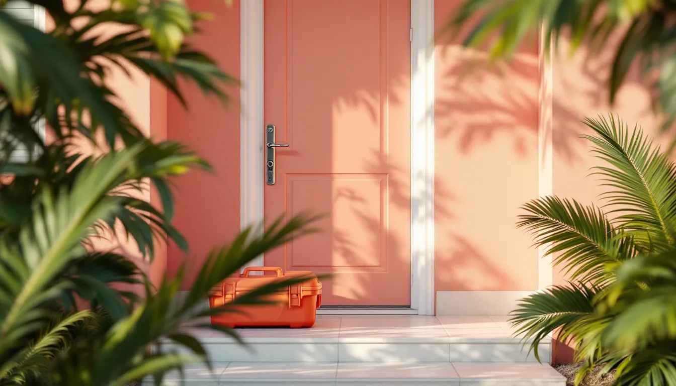 A coral beach-bungalow door with a new stainless deadbolt and a waterproof tool case on the tiled entry
