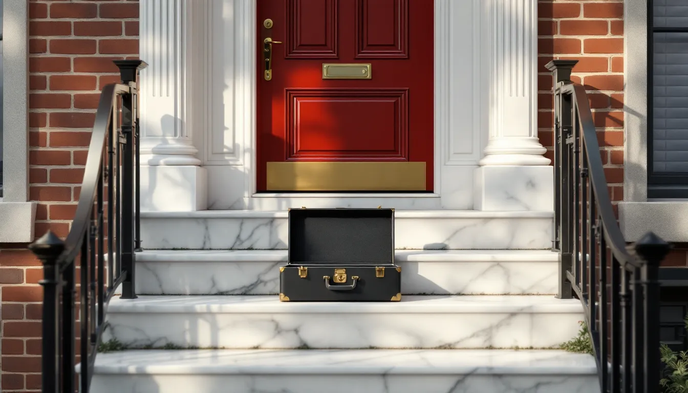 A red rowhouse door with a new deadbolt above white marble steps, an open locksmith case on the top step
