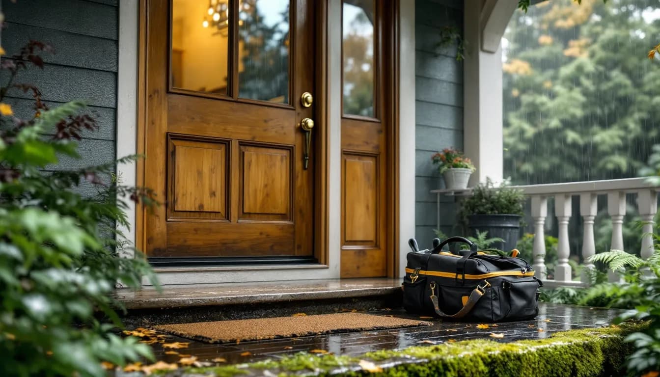 A craftsman bungalow door with a new brass deadbolt and a tool bag on a covered porch in the rain