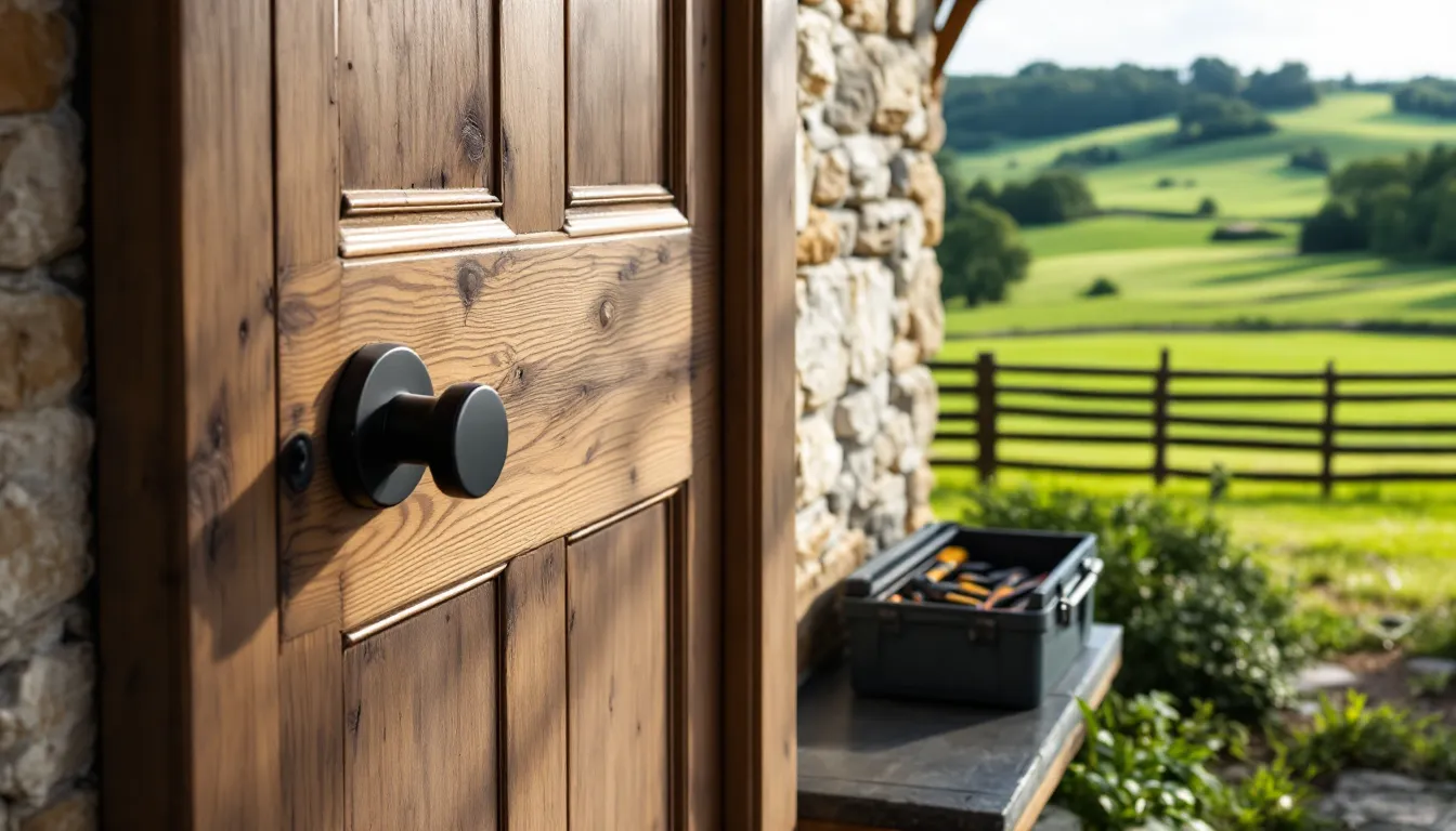 A stone farmhouse door with an iron thumb latch and a modern deadbolt, an open tool case on the slate step