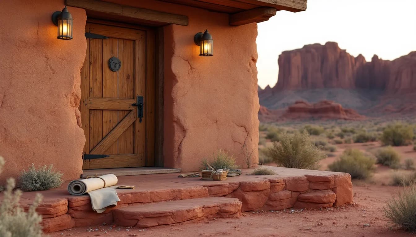 A timber door with a black iron deadbolt and a tool roll on a sandstone step, red cliffs behind