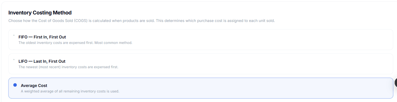 IntelliDrive OS accounting settings showing FIFO, LIFO, and Average Cost inventory costing method selection